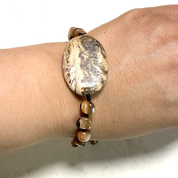 2/$20, Genuine Gemstone Earthy Brecciated Jasper & Mother of Pearl Bracelet - Picture 8 of 9